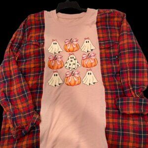 NWT Bows ghosts and pumpkins size XL upcycled Halloween campfire flannel T-shirt
